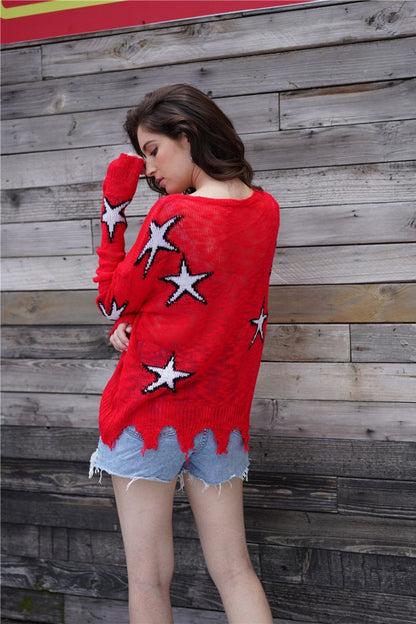 Creamtopmall Star Print Frayed Hem Sweater