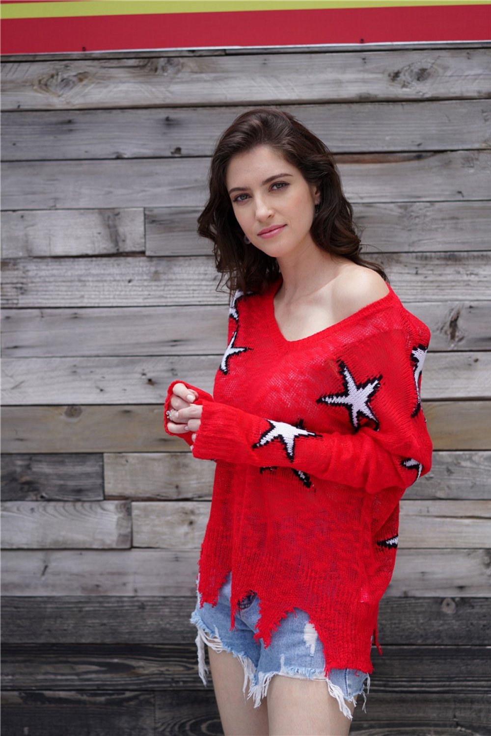 Creamtopmall Star Print Frayed Hem Sweater