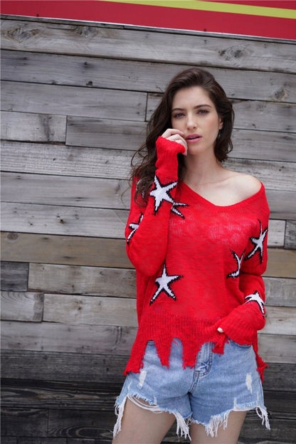 Creamtopmall Star Print Frayed Hem Sweater