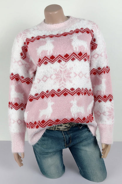 Creamtopmall Stripe Christmas Snow Deer Pullover - Red