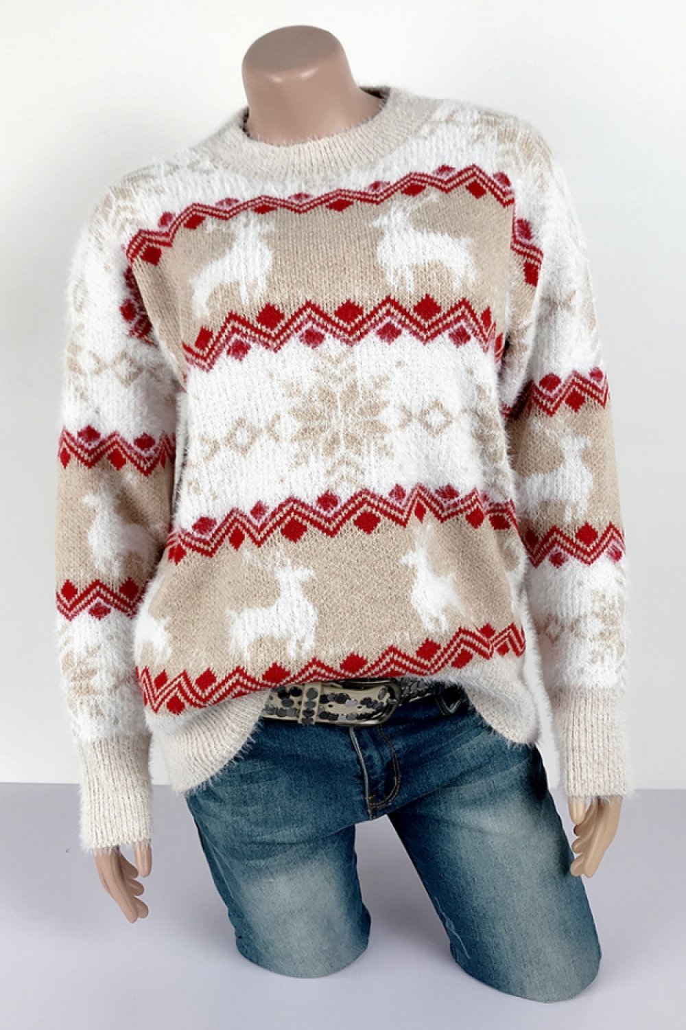 Creamtopmall Stripe Christmas Snow Deer Pullover - Red