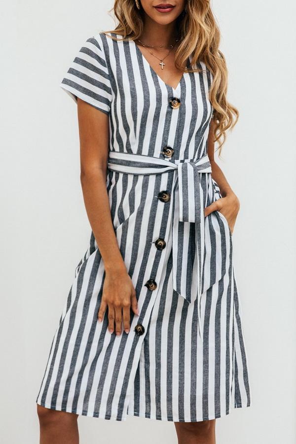 Creamtopmall Stripe Pocket V-neck Single Breasted Dress