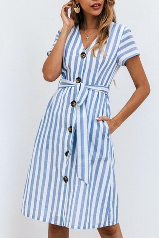 Creamtopmall Stripe Pocket V-neck Single Breasted Dress