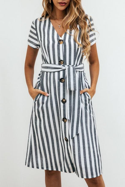 Creamtopmall Stripe Pocket V-neck Single Breasted Dress