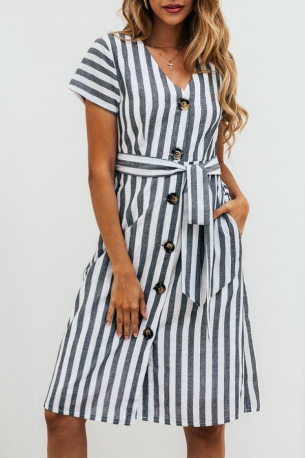 Creamtopmall Stripe Pocket V-neck Single Breasted Dress