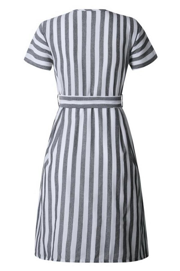 Creamtopmall Stripe Pocket V-neck Single Breasted Dress