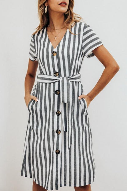 Creamtopmall Stripe Pocket V-neck Single Breasted Dress