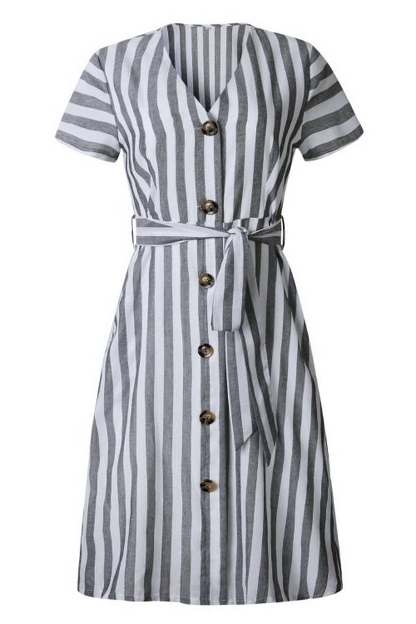 Creamtopmall Stripe Pocket V-neck Single Breasted Dress