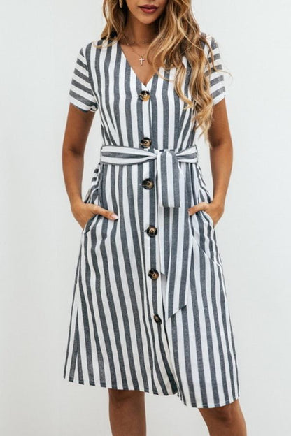 Creamtopmall Stripe Pocket V-neck Single Breasted Dress