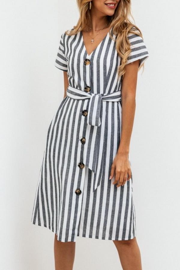 Creamtopmall Stripe Pocket V-neck Single Breasted Dress