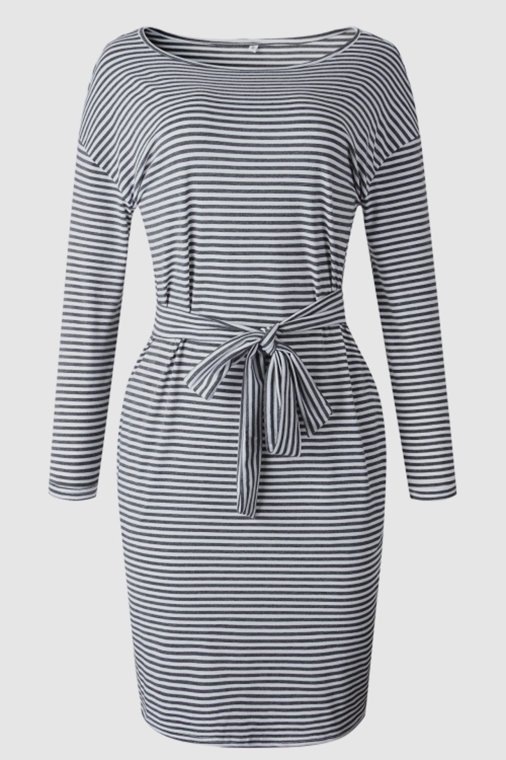 Creamtopmall Striped Belt Long-sleeve Dress