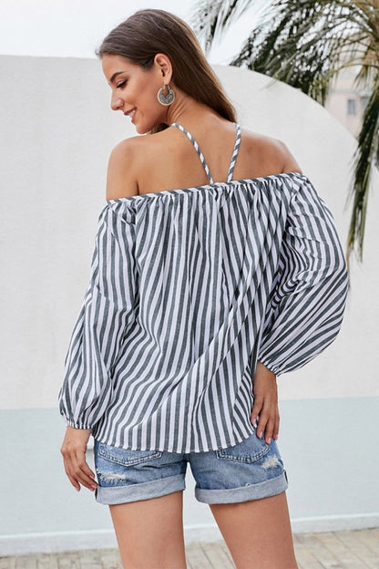 Creamtopmall Striped Cold Shoulder Loose Blouse