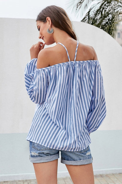 Creamtopmall Striped Cold Shoulder Loose Blouse