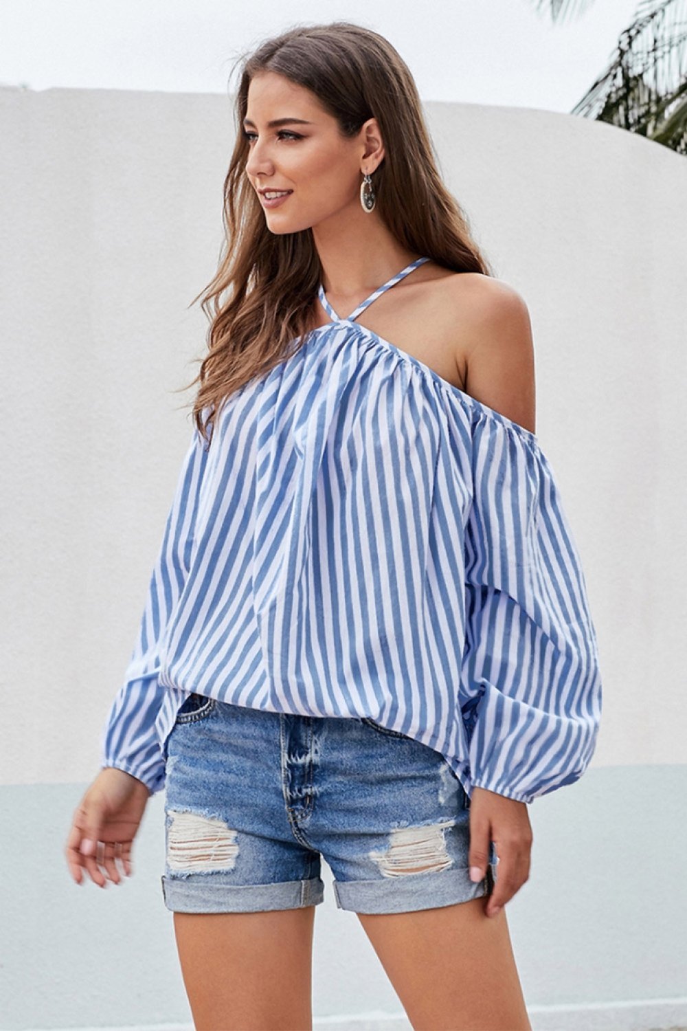 Creamtopmall Striped Cold Shoulder Loose Blouse