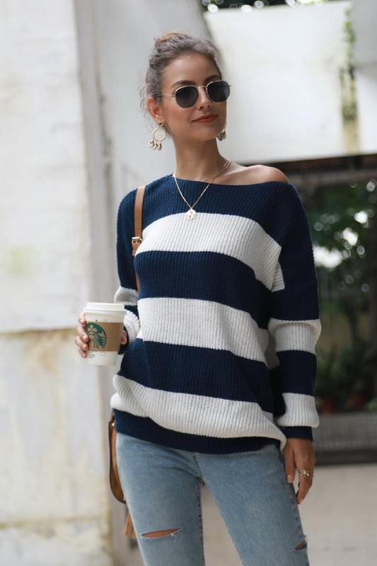 Creamtopmall Striped Long-sleeved Loose Sweater