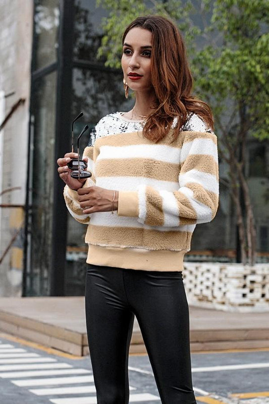 Creamtopmall Striped Round Neck Plush Loose Sweater