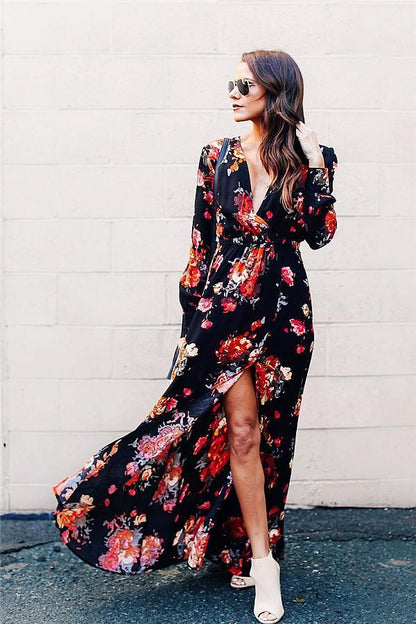 Creamtopmall Stylish Floral Print Deep V Neck Maxi Dress