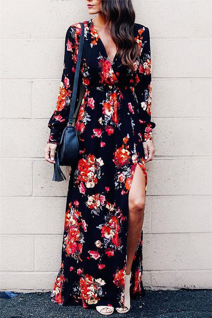 Creamtopmall Stylish Floral Print Deep V Neck Maxi Dress