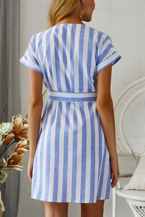 Creamtopmall Summer Blue Striped Dress With Belt