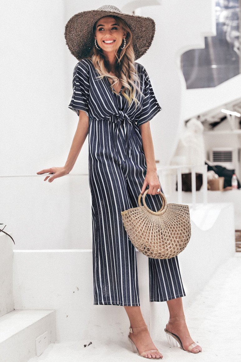 creamtopmall Tell The News Striped Jumpsuit - Blue