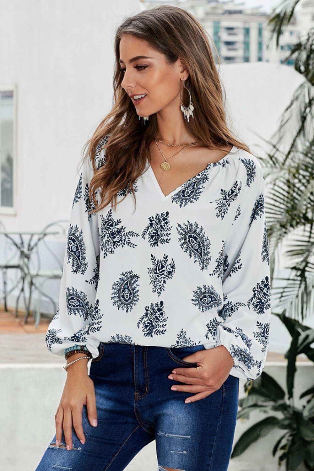 Creamtopmall Three Quarter Length Sleeve Loose Blouse