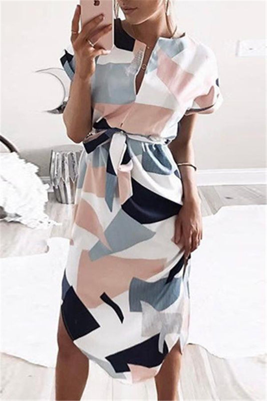 Creamtopmall Tied Printed Cut Out Midi Dress