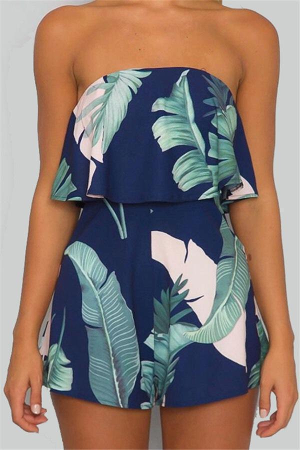 creamtopmall Tropical Leaves Off Shoulder Jumpsuit