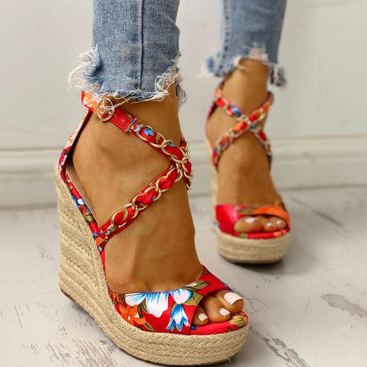 Creamtopmall Twine Woven Floral Cross-Strap Wedges Sandals