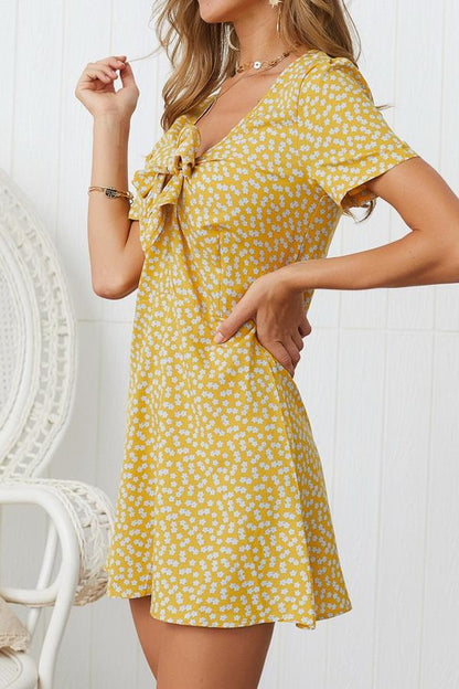 Creamtopmall V Neck Bow Knot Short-sleeved Dress