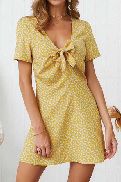 Creamtopmall V Neck Bow Knot Short-sleeved Dress