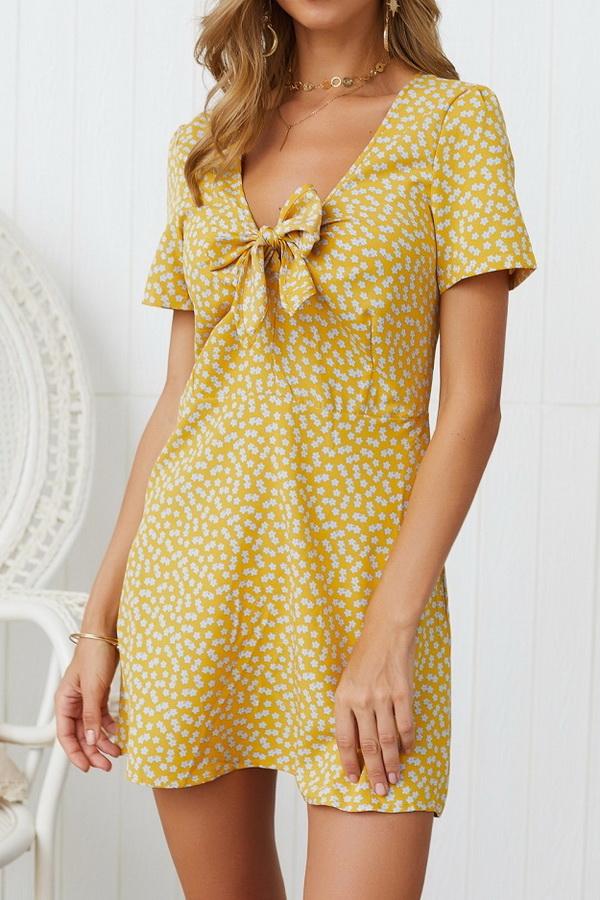 Creamtopmall V Neck Bow Knot Short-sleeved Dress