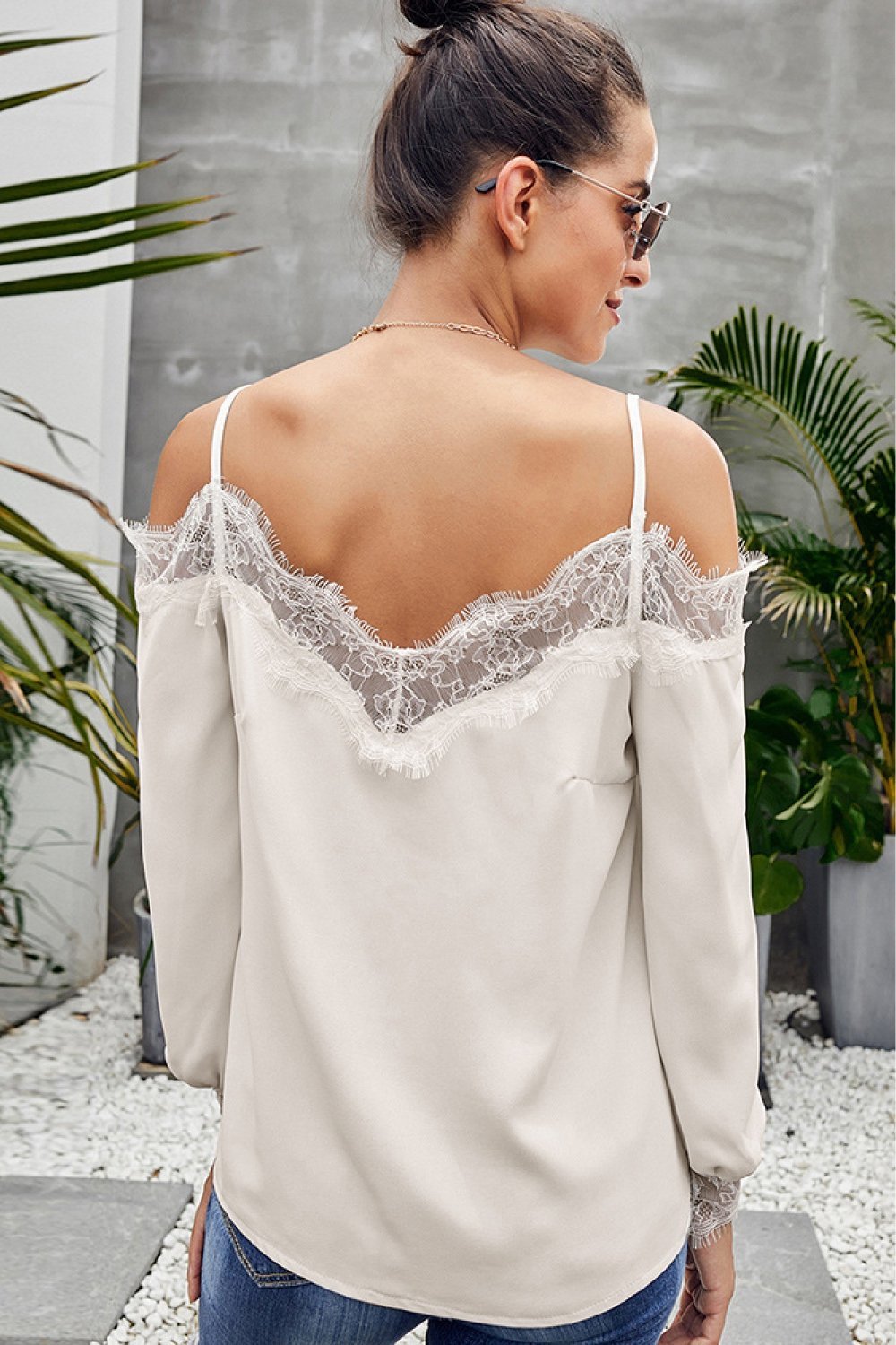 Creamtopmall V Neck Cold Shoulder Lace Stitched Blouse