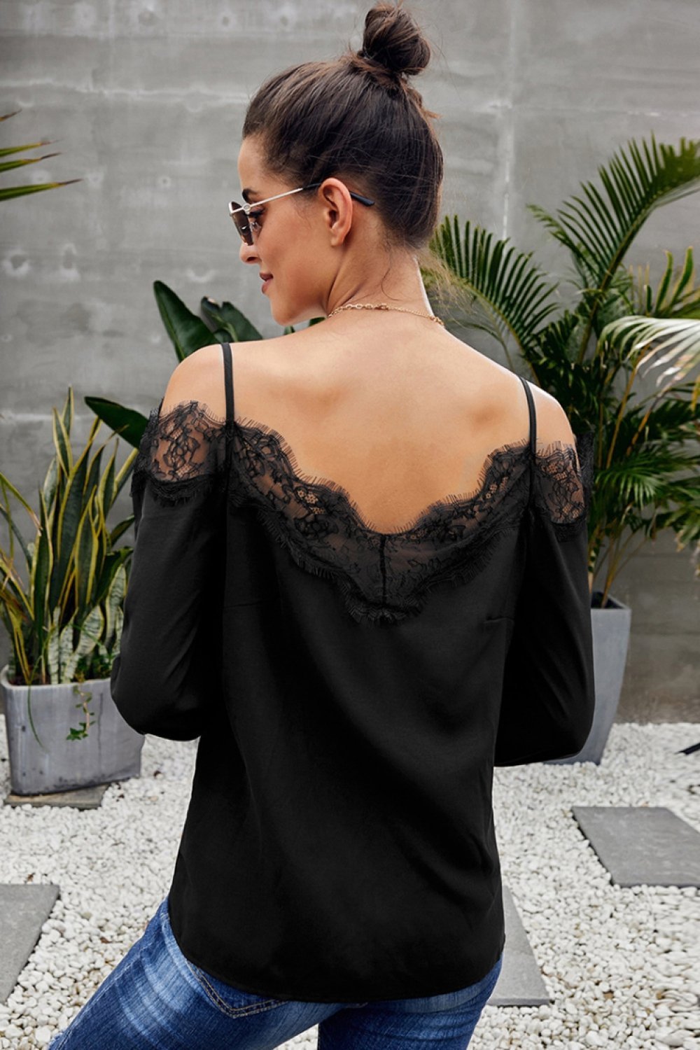 Creamtopmall V Neck Cold Shoulder Lace Stitched Blouse