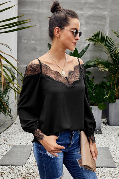 Creamtopmall V Neck Cold Shoulder Lace Stitched Blouse