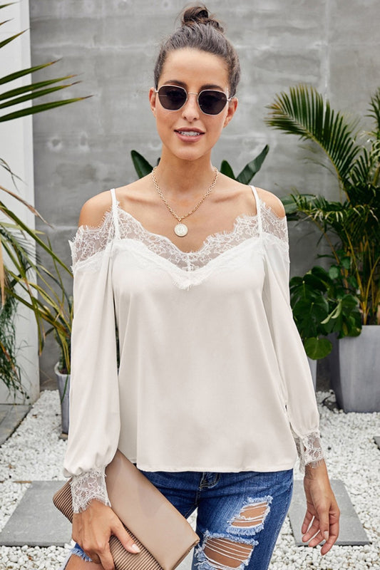 Creamtopmall V Neck Cold Shoulder Lace Stitched Blouse