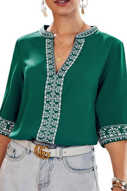 Creamtopmall V-neck Ethnic Style Embroidered Lace Blouse