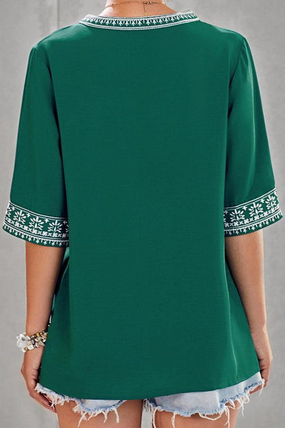 Creamtopmall V-neck Ethnic Style Embroidered Lace Blouse