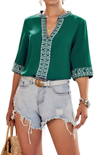 Creamtopmall V-neck Ethnic Style Embroidered Lace Blouse