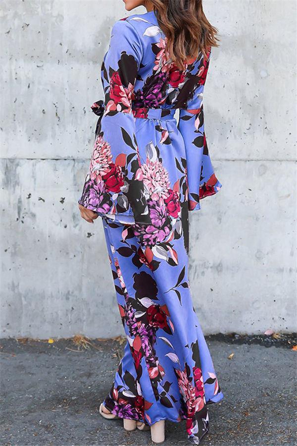 Creamtopmall Floral V Neck Slit Maxi Dress