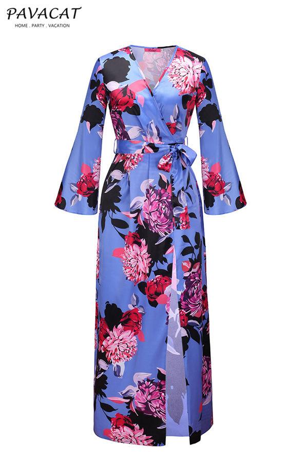 Creamtopmall Floral V Neck Slit Maxi Dress