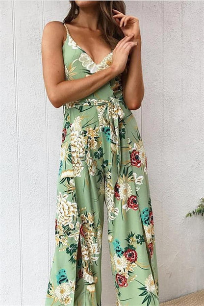 creamtopmall V Neck Floral Slit Jumpsuit - Green