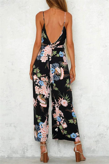 creamtopmall V Neck Floral Slit Jumpsuit - Green