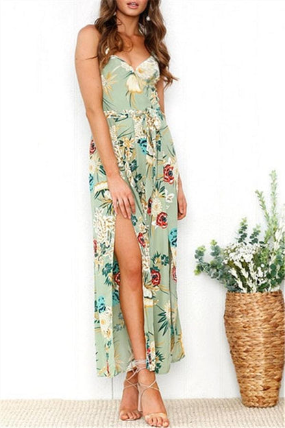 creamtopmall V Neck Floral Slit Jumpsuit - Green