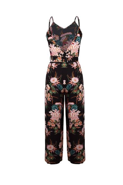 creamtopmall V Neck Floral Slit Jumpsuit - Green