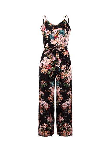 creamtopmall V Neck Floral Slit Jumpsuit - Green