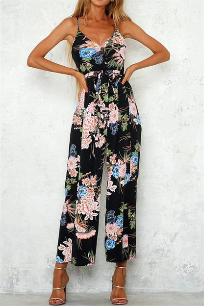 creamtopmall V Neck Floral Slit Jumpsuit - Green