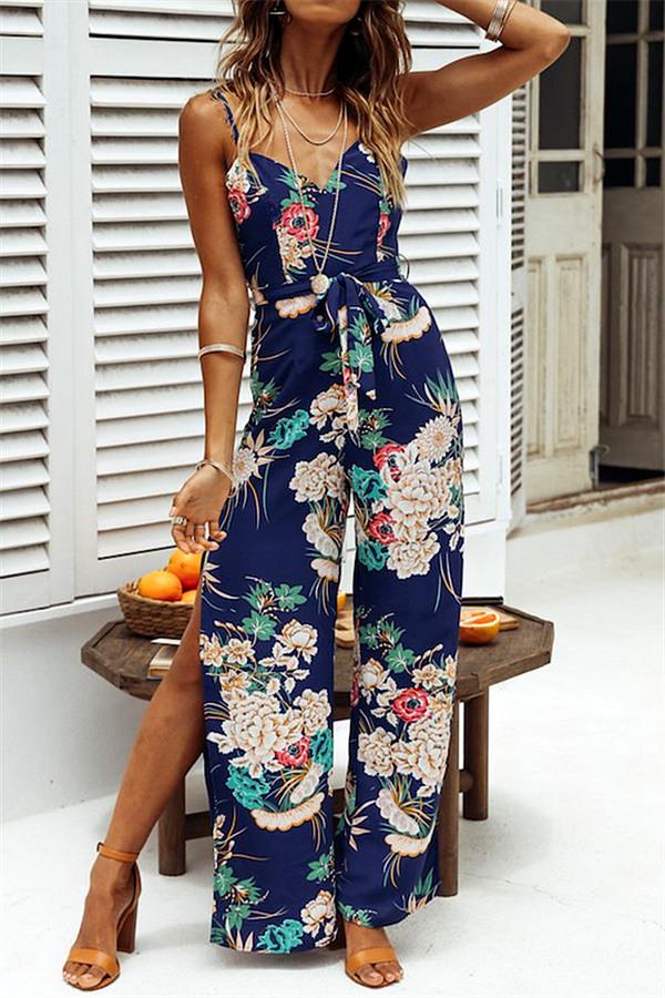 creamtopmall V Neck Floral Slit Jumpsuit - Green