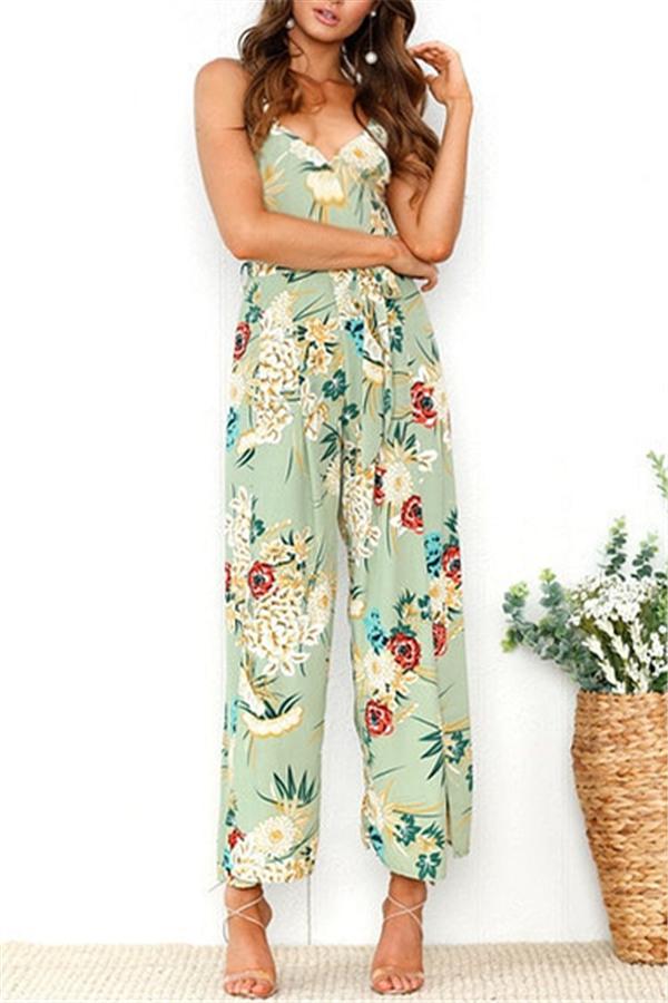 creamtopmall V Neck Floral Slit Jumpsuit - Green