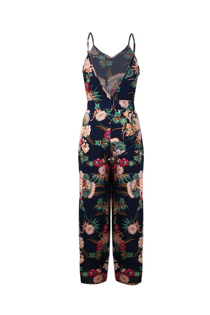 creamtopmall V Neck Floral Slit Jumpsuit - Green