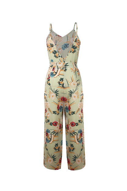 creamtopmall V Neck Floral Slit Jumpsuit